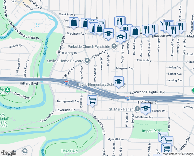 map of restaurants, bars, coffee shops, grocery stores, and more near 2210 Atkins Avenue in Lakewood