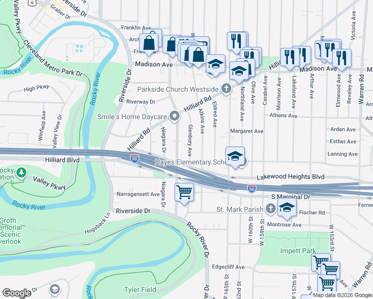 map of restaurants, bars, coffee shops, grocery stores, and more near 2185 McKinley Avenue in Lakewood