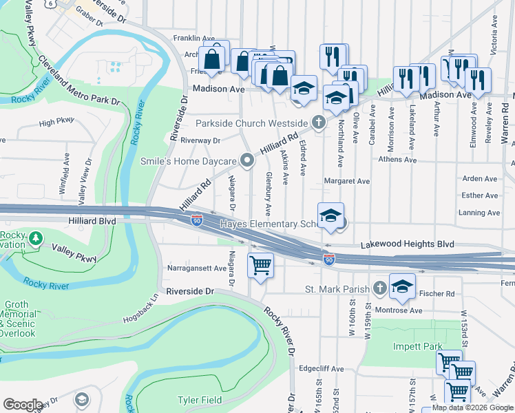 map of restaurants, bars, coffee shops, grocery stores, and more near 2185 McKinley Avenue in Lakewood