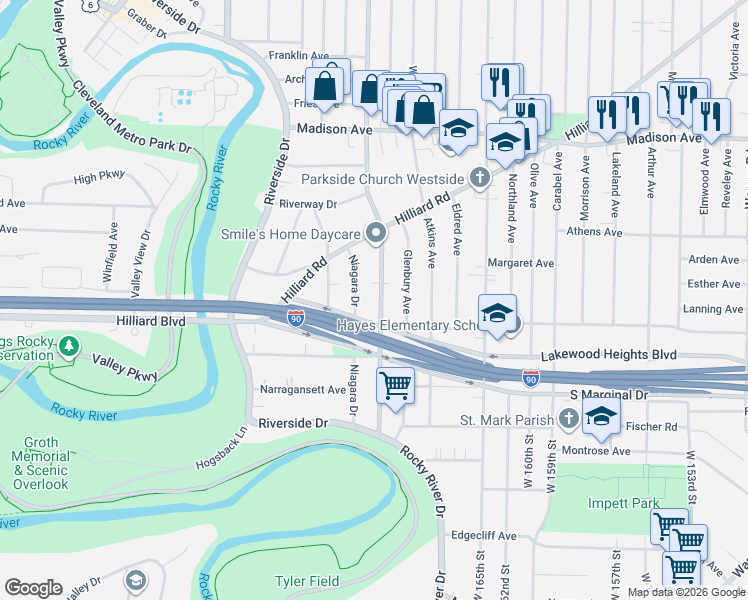 map of restaurants, bars, coffee shops, grocery stores, and more near 2185 McKinley Avenue in Lakewood