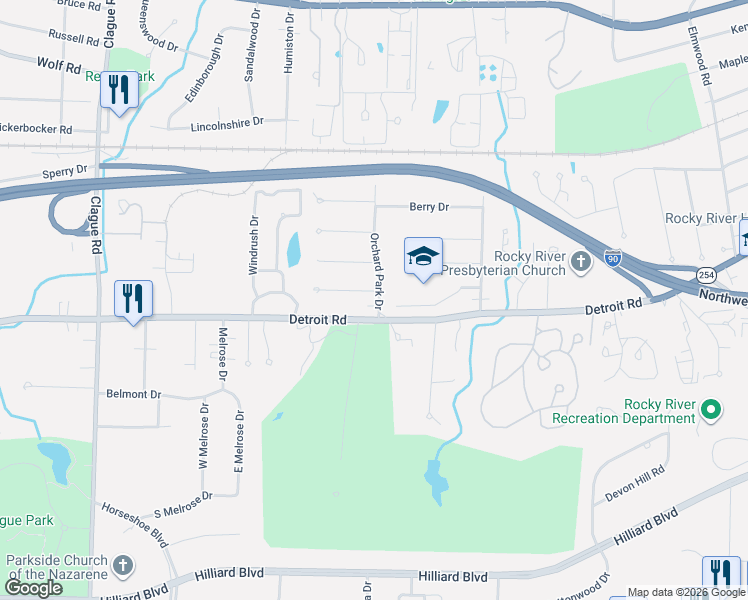 map of restaurants, bars, coffee shops, grocery stores, and more near 1311 Orchard Park Drive in Rocky River