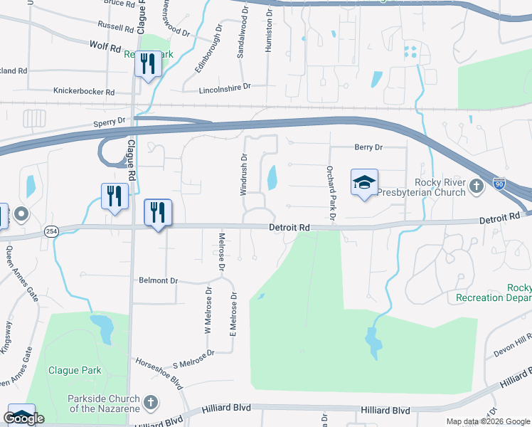 map of restaurants, bars, coffee shops, grocery stores, and more near 23010 Detroit Road in Westlake