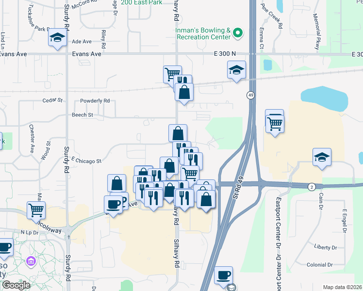 map of restaurants, bars, coffee shops, grocery stores, and more near 300-418 Silhavy Road in Valparaiso