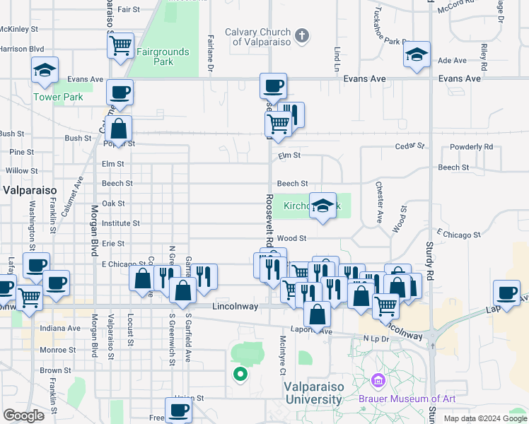 map of restaurants, bars, coffee shops, grocery stores, and more near 1115 Institute Street in Valparaiso
