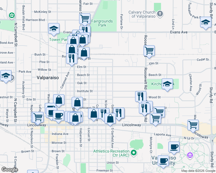map of restaurants, bars, coffee shops, grocery stores, and more near 405 North Greenwich Street in Valparaiso