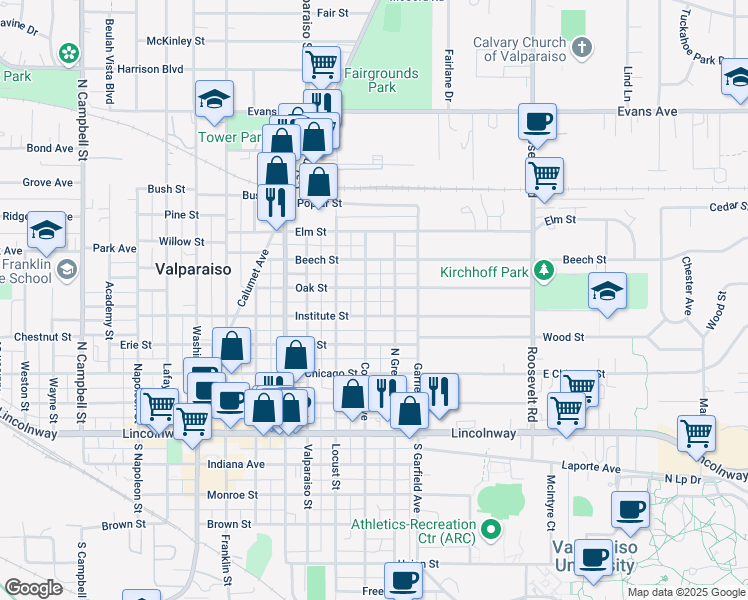 map of restaurants, bars, coffee shops, grocery stores, and more near 403 College Avenue in Valparaiso