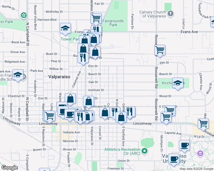 map of restaurants, bars, coffee shops, grocery stores, and more near 403 College Avenue in Valparaiso