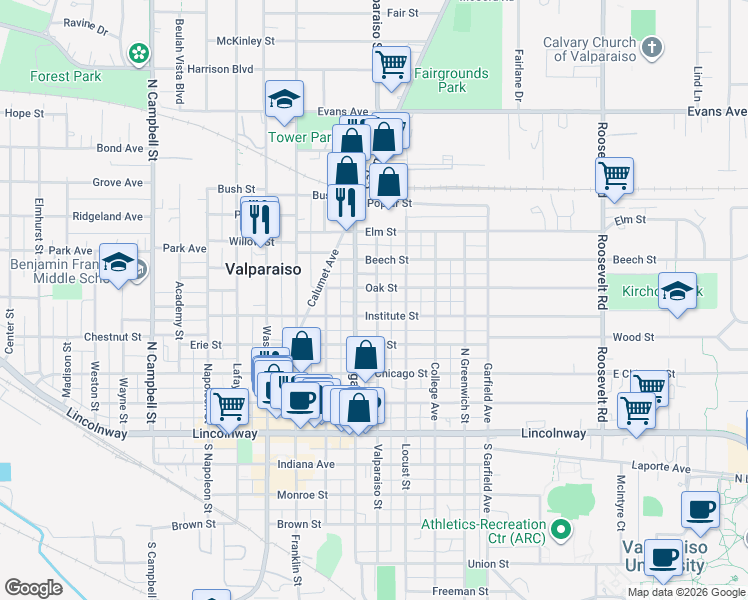 map of restaurants, bars, coffee shops, grocery stores, and more near 404 Morgan Boulevard in Valparaiso