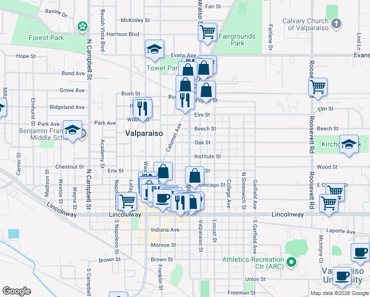 map of restaurants, bars, coffee shops, grocery stores, and more near 404 Morgan Boulevard in Valparaiso