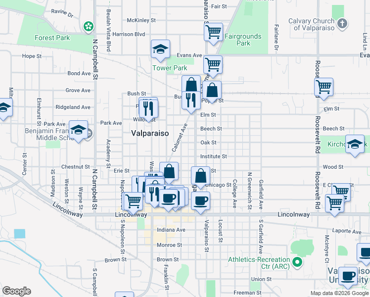 map of restaurants, bars, coffee shops, grocery stores, and more near 403 Michigan Avenue in Valparaiso