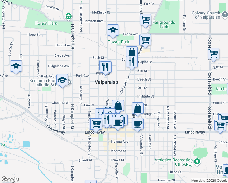 map of restaurants, bars, coffee shops, grocery stores, and more near 405 Franklin Street in Valparaiso