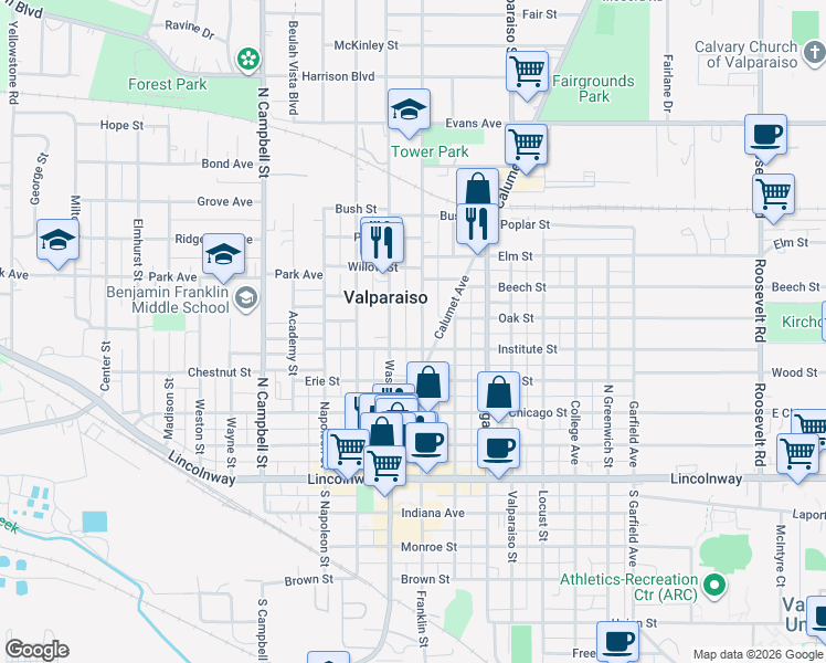 map of restaurants, bars, coffee shops, grocery stores, and more near 405 Franklin Street in Valparaiso
