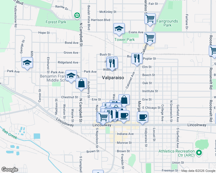 map of restaurants, bars, coffee shops, grocery stores, and more near Washington Street in Valparaiso