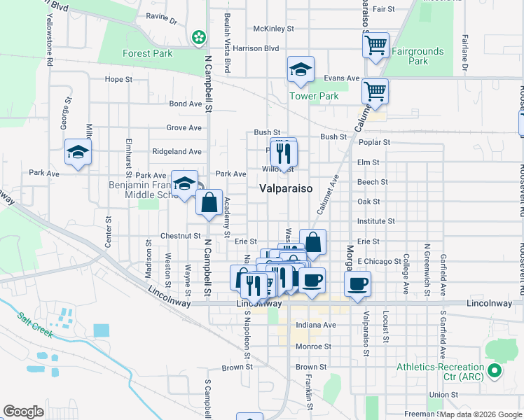 map of restaurants, bars, coffee shops, grocery stores, and more near 406 Napoleon Street in Valparaiso