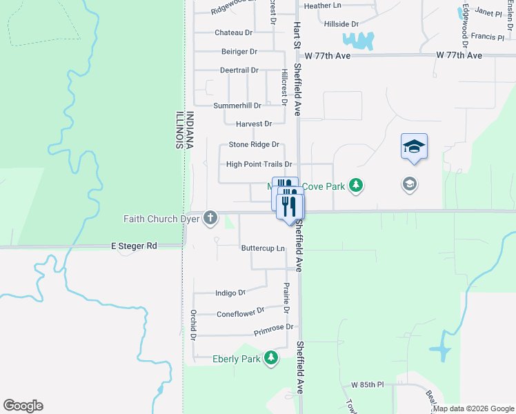 map of restaurants, bars, coffee shops, grocery stores, and more near 218 Valley View Lane in Dyer