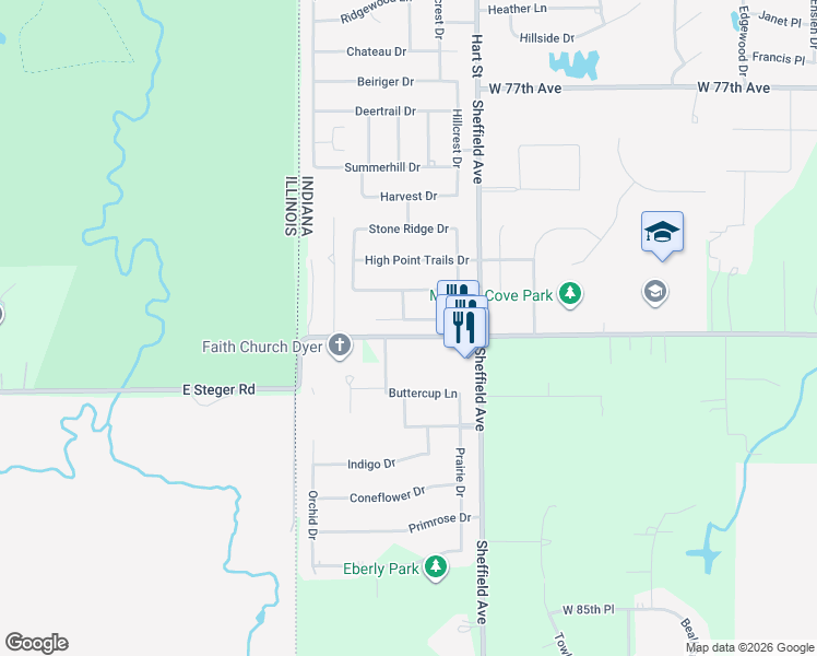 map of restaurants, bars, coffee shops, grocery stores, and more near 150 Valley View Ln in Dyer