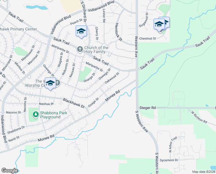 map of restaurants, bars, coffee shops, grocery stores, and more near 335 Osage Street in Park Forest