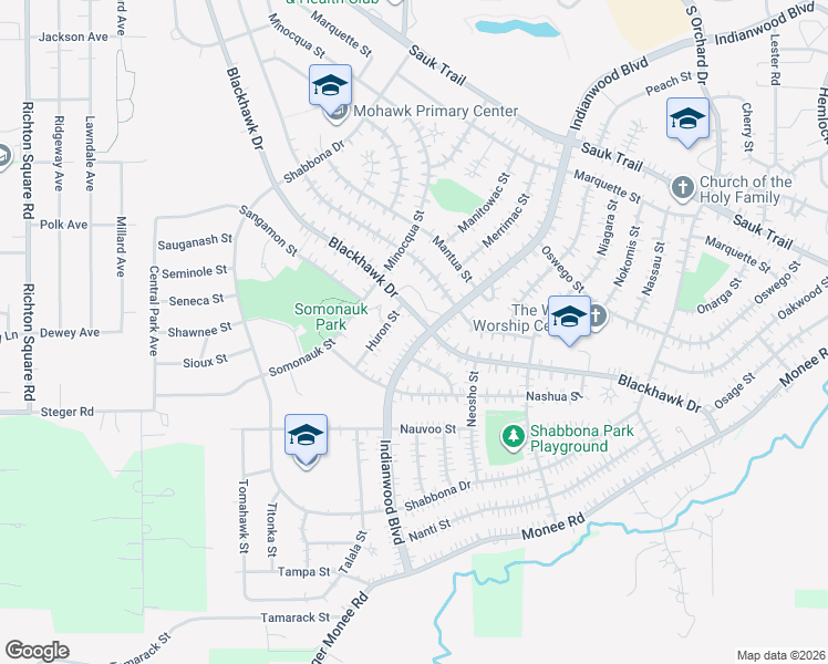 map of restaurants, bars, coffee shops, grocery stores, and more near 402 Indianwood Boulevard in Park Forest