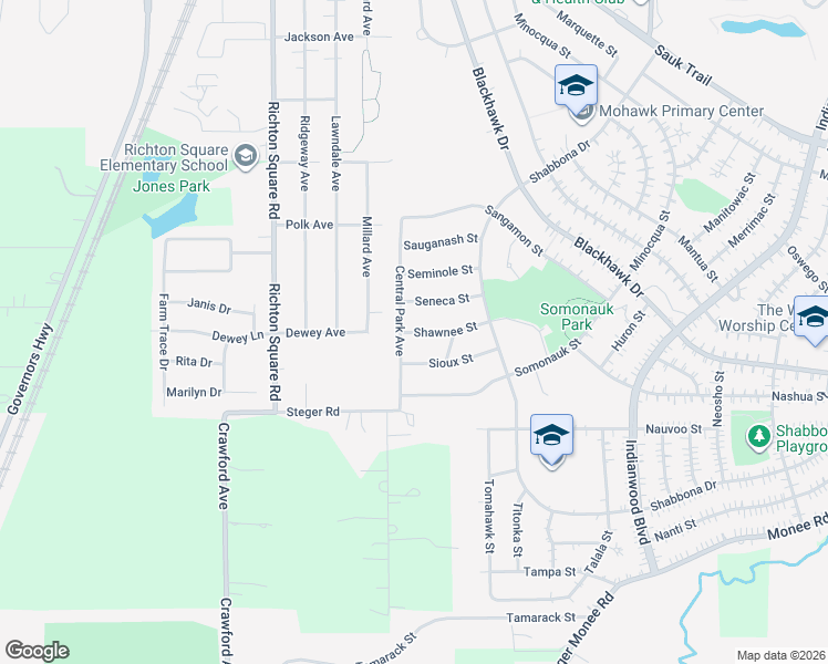 map of restaurants, bars, coffee shops, grocery stores, and more near 319 Shawnee Street in Park Forest