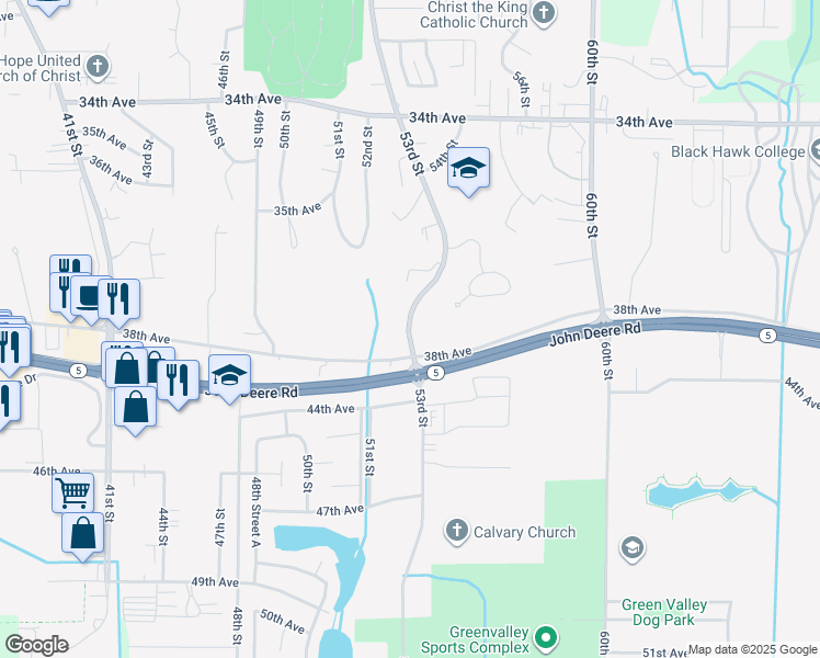 map of restaurants, bars, coffee shops, grocery stores, and more near 3746 53rd Street in Moline