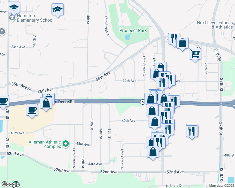 map of restaurants, bars, coffee shops, grocery stores, and more near 3851 15th Street A in Moline