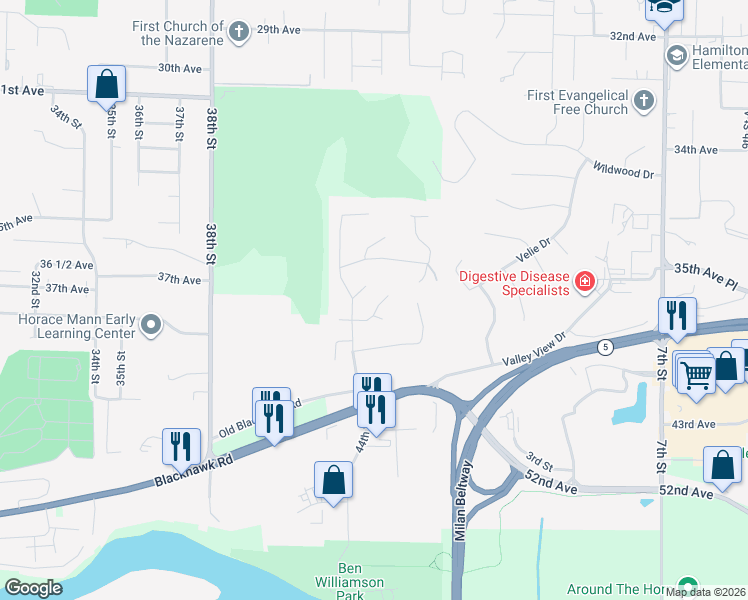 map of restaurants, bars, coffee shops, grocery stores, and more near 4516 41st Ave in Rock Island