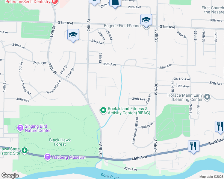 map of restaurants, bars, coffee shops, grocery stores, and more near 2622 38th Avenue in Rock Island
