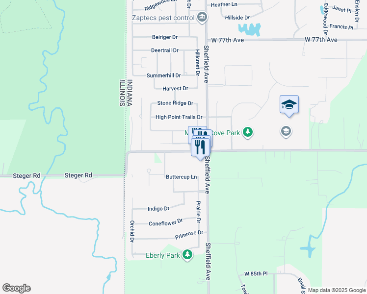 map of restaurants, bars, coffee shops, grocery stores, and more near 218 Valley View Lane in Dyer