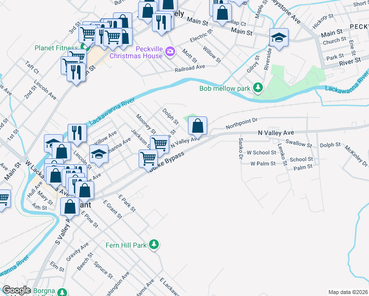 map of restaurants, bars, coffee shops, grocery stores, and more near 590 Burke Bypass in Olyphant