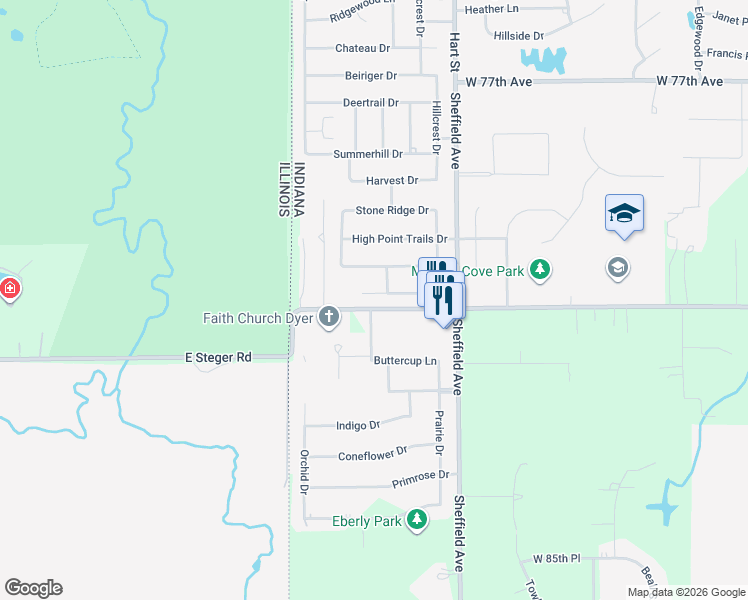 map of restaurants, bars, coffee shops, grocery stores, and more near 150 Valley View Lane in Dyer