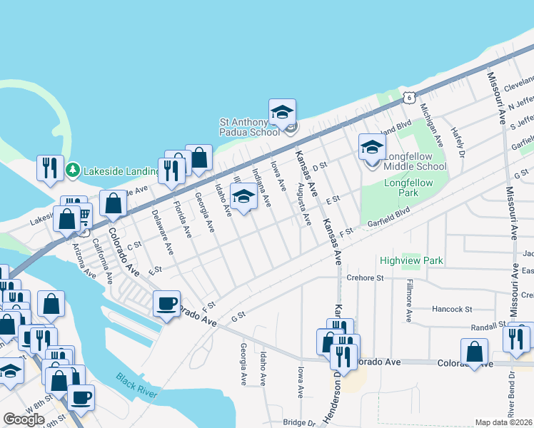 map of restaurants, bars, coffee shops, grocery stores, and more near 330 Indiana Avenue in Lorain