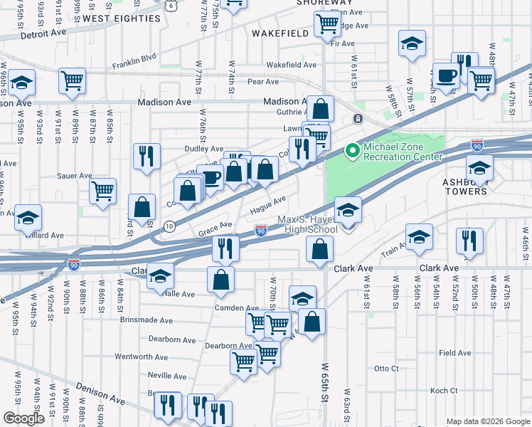 map of restaurants, bars, coffee shops, grocery stores, and more near 7009 Hague Avenue in Cleveland