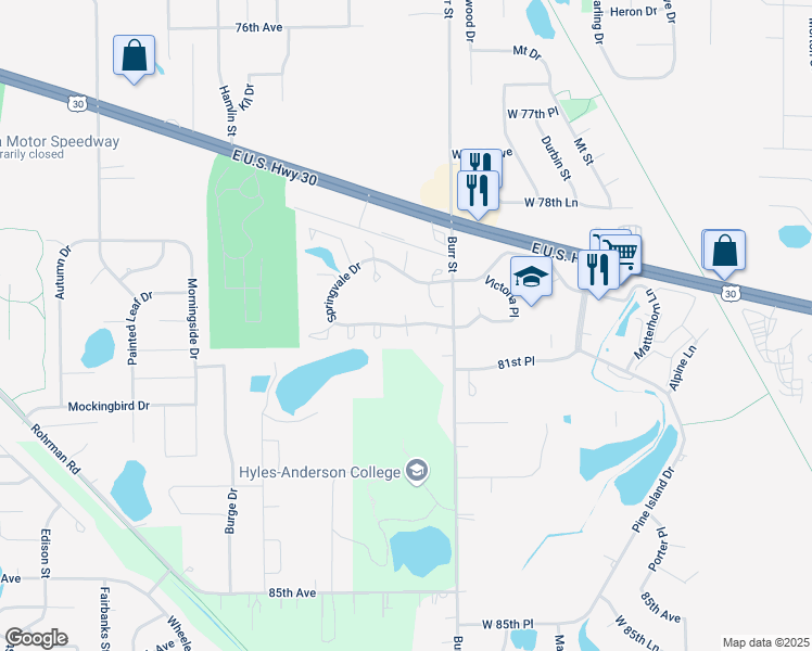 map of restaurants, bars, coffee shops, grocery stores, and more near 1915 Springvale Dr in Crown Point