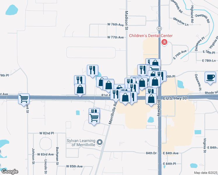 map of restaurants, bars, coffee shops, grocery stores, and more near 600 81st Avenue in Merrillville