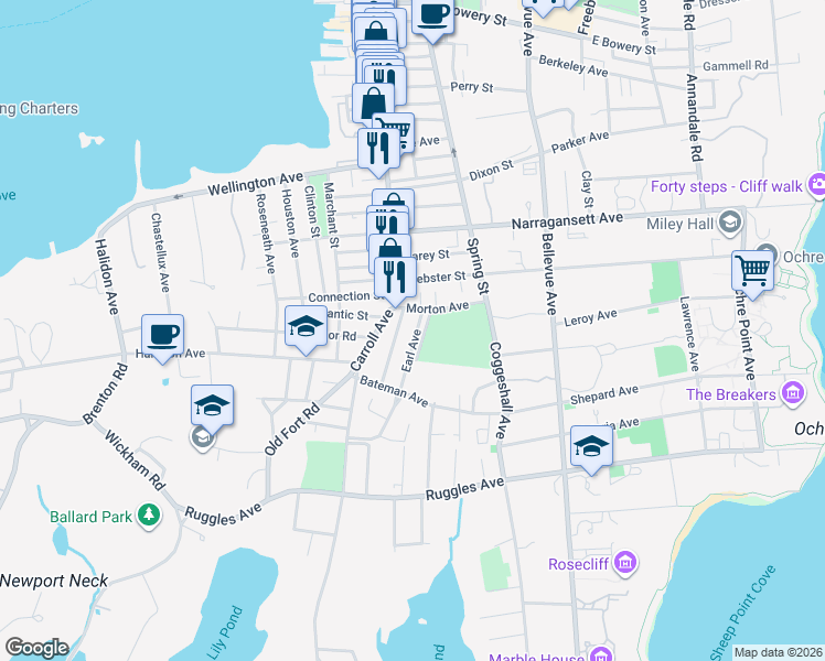 map of restaurants, bars, coffee shops, grocery stores, and more near 7 Earl Avenue in Newport