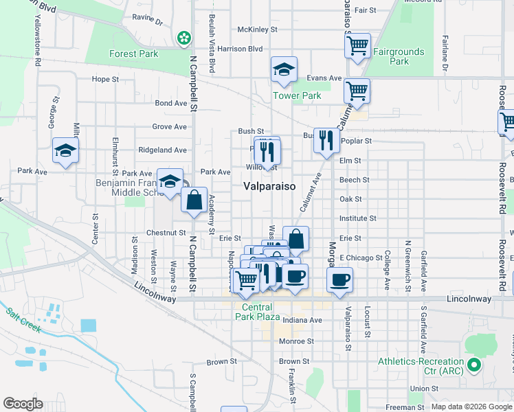 map of restaurants, bars, coffee shops, grocery stores, and more near Washington Street in Valparaiso