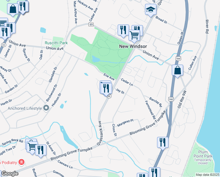 map of restaurants, bars, coffee shops, grocery stores, and more near 8 Jay Street in New Windsor