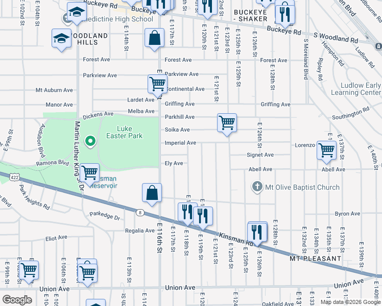 map of restaurants, bars, coffee shops, grocery stores, and more near 3183 East 118th Street in Cleveland