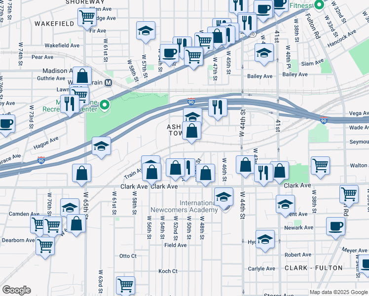 map of restaurants, bars, coffee shops, grocery stores, and more near 5008 Train Avenue in Cleveland