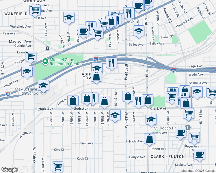 map of restaurants, bars, coffee shops, grocery stores, and more near 4700 Train Avenue in Cleveland