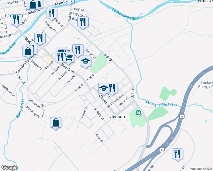 map of restaurants, bars, coffee shops, grocery stores, and more near 802 Court Street in Jessup