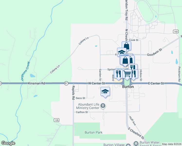 map of restaurants, bars, coffee shops, grocery stores, and more near 13661 Spring St in Burton