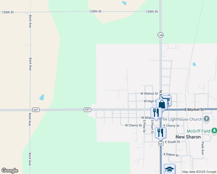 map of restaurants, bars, coffee shops, grocery stores, and more near 105 West Cedar Lane in New Sharon