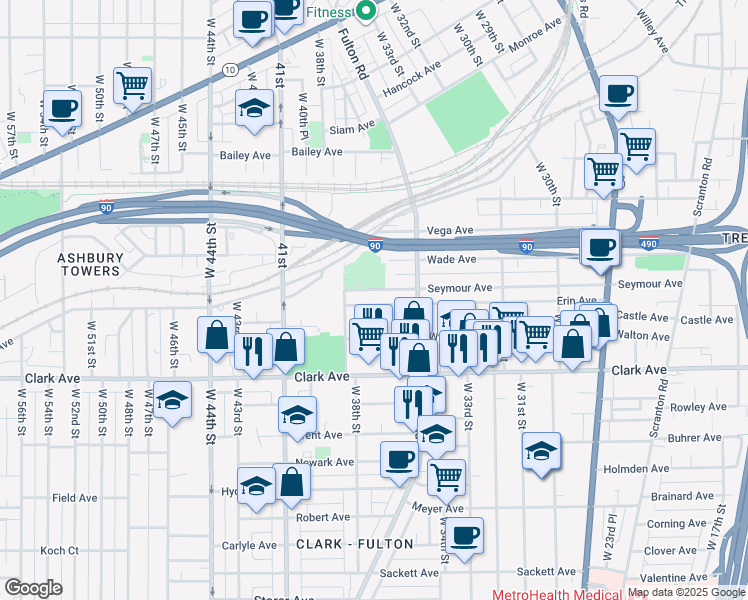 map of restaurants, bars, coffee shops, grocery stores, and more near 3642 Erin Avenue in Cleveland