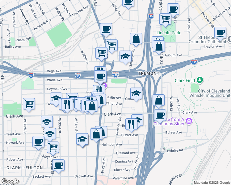 map of restaurants, bars, coffee shops, grocery stores, and more near 2123 Seymour Avenue in Cleveland