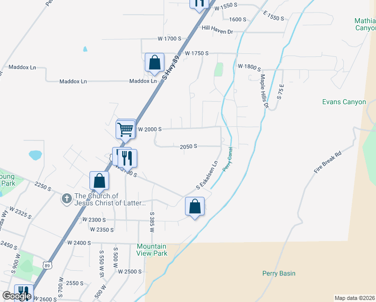 map of restaurants, bars, coffee shops, grocery stores, and more near 2059 South 275 West in Brigham City