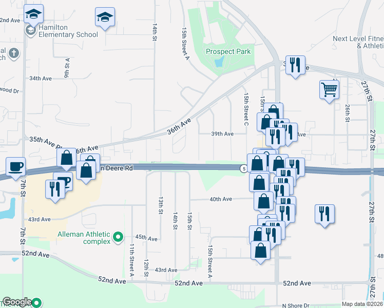 map of restaurants, bars, coffee shops, grocery stores, and more near 3837 15th Street in Moline