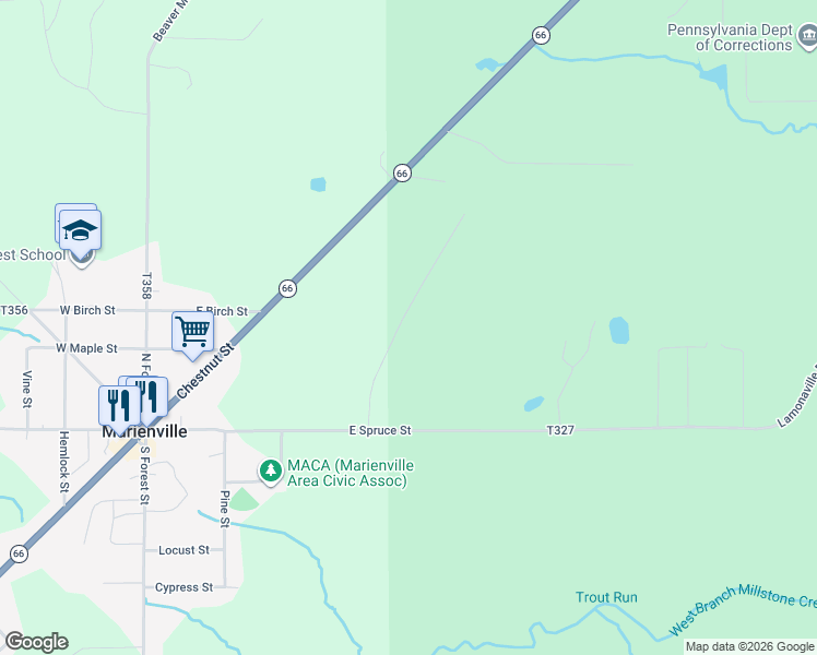 map of restaurants, bars, coffee shops, grocery stores, and more near 194 Aqua Lane in Marienville