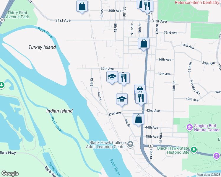 map of restaurants, bars, coffee shops, grocery stores, and more near 4000 9th Street in Rock Island