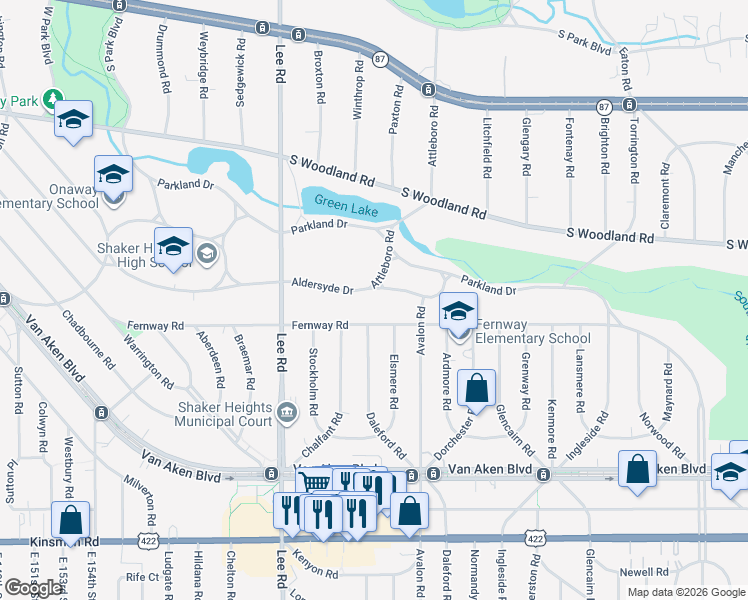 map of restaurants, bars, coffee shops, grocery stores, and more near 16910 Aldersyde Drive in Shaker Heights